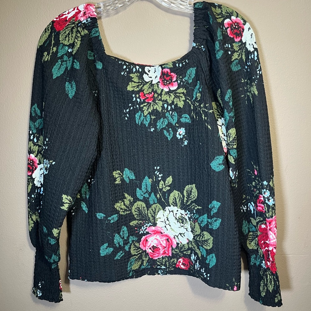LOFT Black Floral XS Square Neck Blouse Knit Peasant Top Smocked Puff Sleeves - Picture 11 of 17